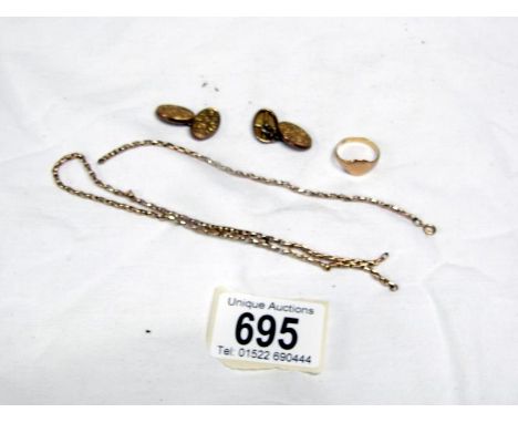 A 9ct gold signet ring, a pair of gold cuff links and an a/f gold chain, 12 gms