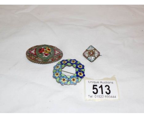 A silver and enamel brooch (maker ARD&S) together with an a/f micromosaic brooch and one other