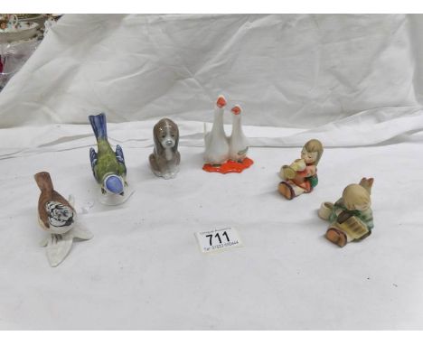 2 Goebel figures, 2 Goebel birds, a Lladro dog and a Beswick geese group