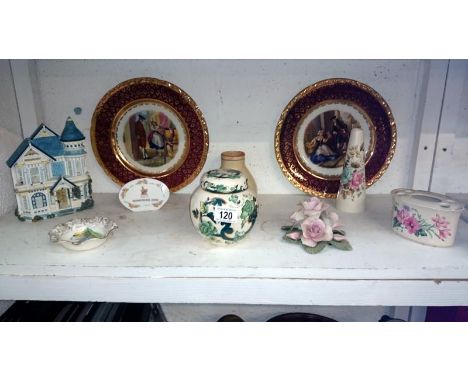 A mixed lot of ceramic items including Mason's chartreuse ginger jar, Royal Winton, Bunnikins etc