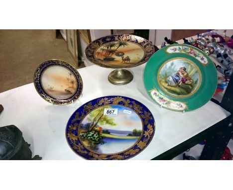 A hand painted cake stand and 3 plates
 
The cake stand height is approximately 4.25”, diameter is approximately 8.5”, in goo