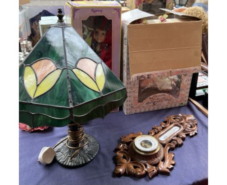 A Tiffany style table lamp, with an hexagonal glass shade on a naturalistic column together with an aneroid barometer and col
