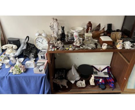 Lilliput lane cottages together with resin figures, onyx clock,, treen carvings, love spoons, flatwares, Masonic aprons, larg