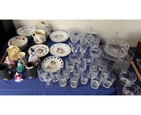Royal Doulton figures together with a Poole pottery jug, assorted ribbon plates, pewter mugs, crystal drinking glasses etc 