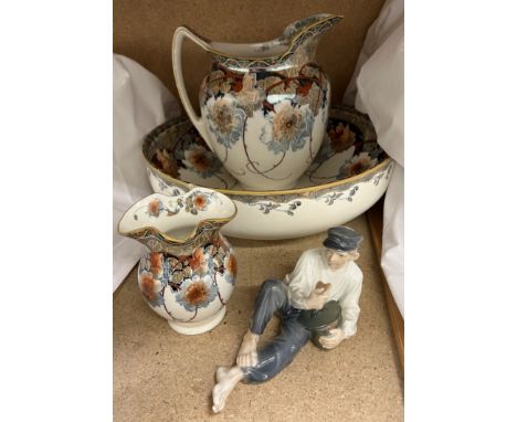 A Royal Doulton jug and basin set, toothbrush holder together with a Copenhagen figure