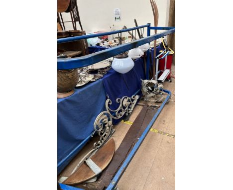 A pair of glass ceiling lights together with another ceiling light, chandelier, saws, scythe, rack, bin, lamp, tree stand etc
