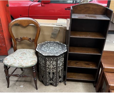 A bone and mother of pearl inlaid occasional table of octagonal form together with a balloon back chair and an oak bookcase 
