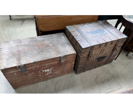A hardwood trunk with iron straps stencilled "UNACCOMPANIED" LT-Col D.R. Stanley, together with another trunk