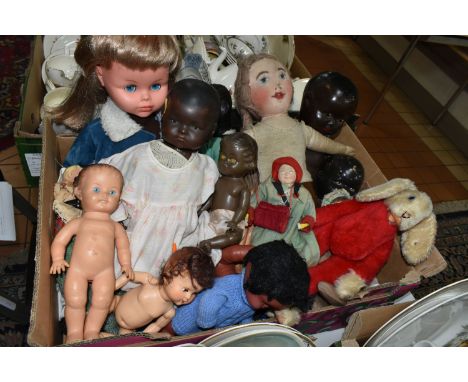 A BOX OF VINTAGE DOLLS, ETC, including an early 1970's Steiff Rico Rabbit, lacks hat, scarf and tag, button in ear, height 34