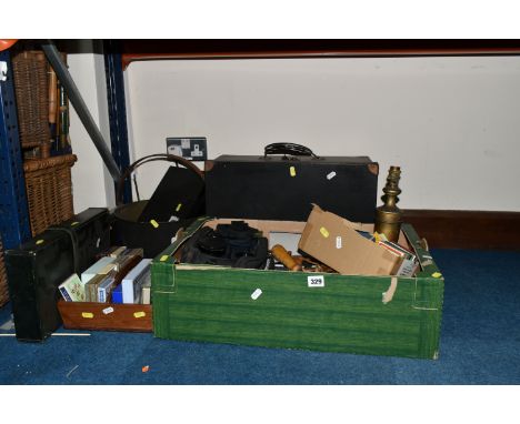 TWO BOXES AND LOOSE PHOTOGRAPHIC LENSES, SINGER SEWING MACHINE, PLAYING CARDS AND SUNDRY ITEMS, to include three camera lense