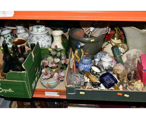 THREE BOXES OF GLASSWARE, CERAMICS AND ORNAMENTS, to include eight vintage green glass bottles, comprising 'Mounsdon &amp; So