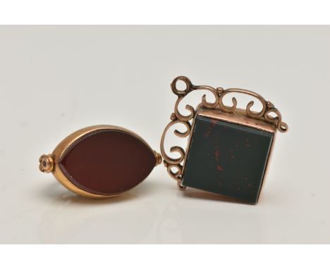 TWO 9CT GOLD FOBS, the first a swivel fob of a lozenge form set with bloodstone and carnelian inlays, collet set to a polishe