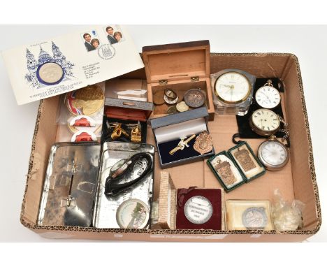 A BOX OF ASSORTED ITEMS, to include two silver open face pocket watches, a 'Ingersoll open face pocket watch, together with a