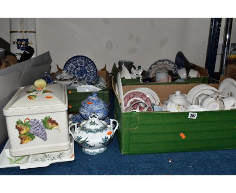 THREE BOXES OF TEAWARE AND CERAMICS, to include a red and white Adams ironstone tea set, a Runtons Pottery tea set, designed 