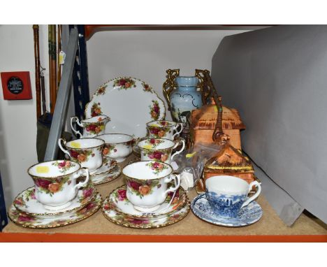 A ROYAL ALBERT 'OLD COUNTRY ROSES' PATTERN TEA SET, comprising a cake plate, milk jug, sugar bowl, five cups, six saucers, si