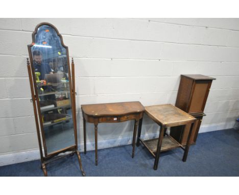 A BEVON FUNNEL REPRODUX MAHOGANY SIDE TABLE, with two drawers, width 80cm x depth 34cm x height 74cm, a mahogany cheval mirro