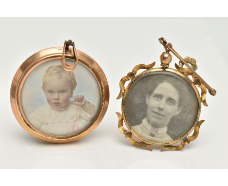 TWO EARLY 20TH CENTURY PHOTO LOCKETS, the first a rolled gold circular locket with double photo compartments, fitted with a t