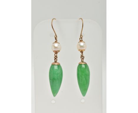 A PAIR OF JADE AND CULTURED PEARL DROP EARRINGS, designed as a jade drop suspended from a cultured pearl to the hook ear fitt