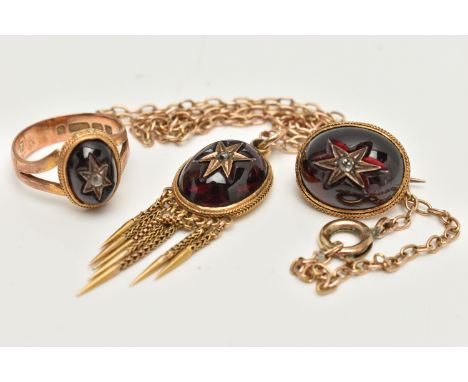 A 9CT GOLD GARNET AND DIAMOND RING, PENDANT NECKLACE AND BROOCH, the ring set with an oval garnet cabochon star set with a ro