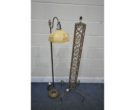 AN ART DECO FLOOR LAMP, with a coloured glass shade, along with a wire standard lamp, height 139cm (condition report: metal l
