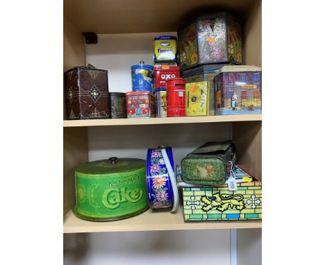 A COLLECTION OF VINTAGE TINS, nineteen pieces to include a geometric Art Deco tin, two large Bluebird toffee tins, a tin in t