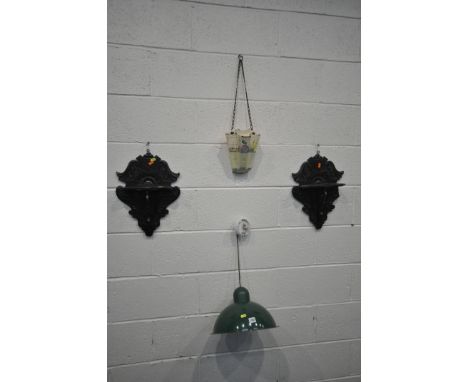 A PAIR OF CARVED MAHOGANY WALL SHELVES, along with an Arthur Wood wall mounted plant holder, and three enamel pendant light (