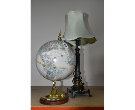 A 'REPLOGLE' DESK GLOBE, 9 inch diameter globe 'World Classic' series, height 40cm, together with a metal column form table l