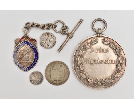 MEDALLION, FOB MEDAL AND COINS, to include a large white metal medallion 'Detur Dignissimo' reads 'Presented To The Paish Sch