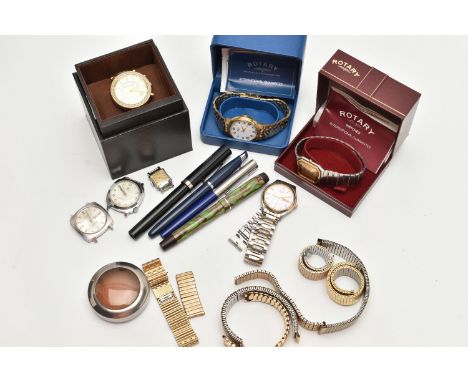 A BOX OF ASSORTED WATCHES, WATCH PARTS AND PENS, to include three 'Rotary' wrist watches, a 'Michael Kors' wrist watch, assor