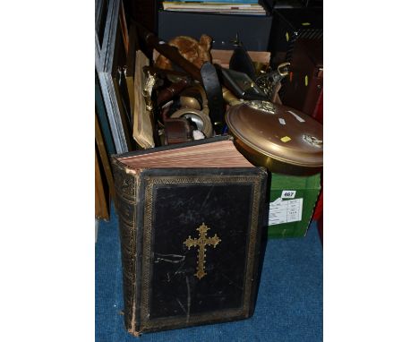 ONE BOX OF MISCELLANEOUS SUNDRIES, to include a large black leather bound Victorian family Bible, framed prints, copper bed w