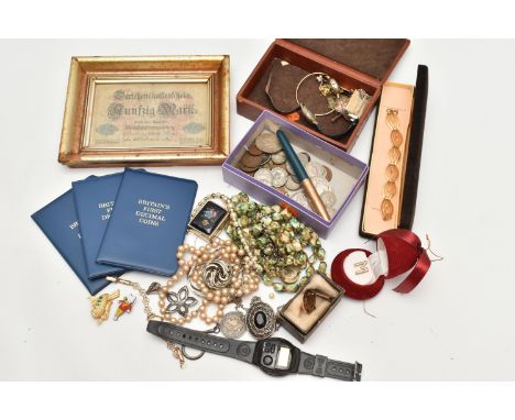 A BOX OF ASSORTED ITEMS, to include a framed German 50 mark 1914 banknote, three 'Britain's First Decimal Coins' sets, a smal