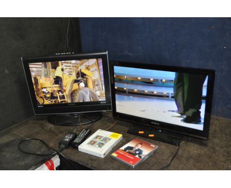 A TECHNIKA 19in TV/DVD with remote, a Polaroid 22in TV/DVD (no remote) and two DVDs (4)