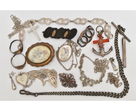 A SMALL BAG OF ITEMS, to include a graduated silver albert chain fitted with a T-bar and lobster clasp, each link stamped wit