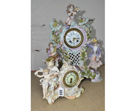 TWO LATE 19TH CENTURY CONTINENTAL PORCELAIN CASED FIGURAL MANTEL CLOCKS, comprising a floral encrusted Plaue clock with figur