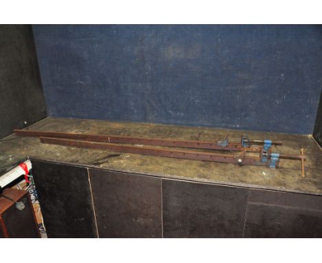 TWO LONG SASH CRAMPS comprising of a Record 136 cramp 184cm long and another 154cm long with a Woden back stop (Condition: so