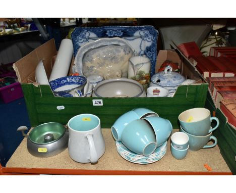 A BOX AND LOOSE DINNER AND TEA WARES ETC,  to include six Alfred Meakin cups and saucers with two egg cups, Poole Pottery C57