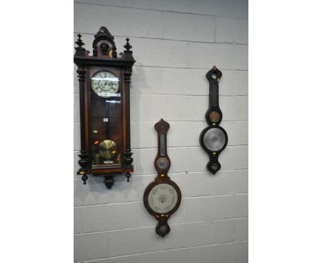 A 19TH CENTURY WALNUT VIENNA REGULATOR WALL CLOCK, 7 inch enamel dial with Roman numerals, height 123cm, along with two distr