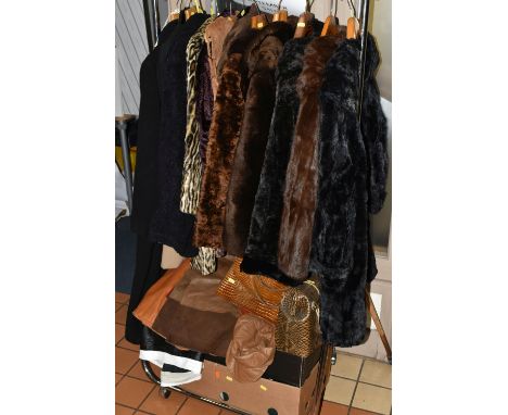 TWO BOXES AND ONE RAIL OF VINTAGE CLOTHING, to include an original vintage Waldybag, cream satin interior with Stratton compa