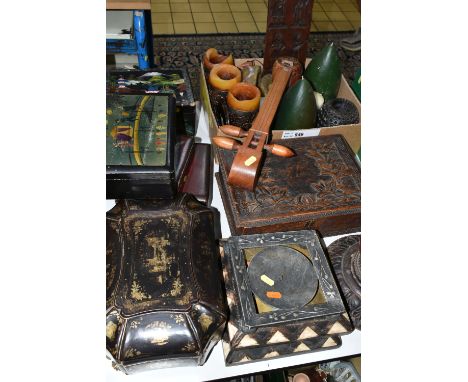 A COLLECTION OF FOUR WOODEN BOXES, A BOX OF TREEN AND CANDLES, ETC, including a distressed 19th century papier mâché lacquere