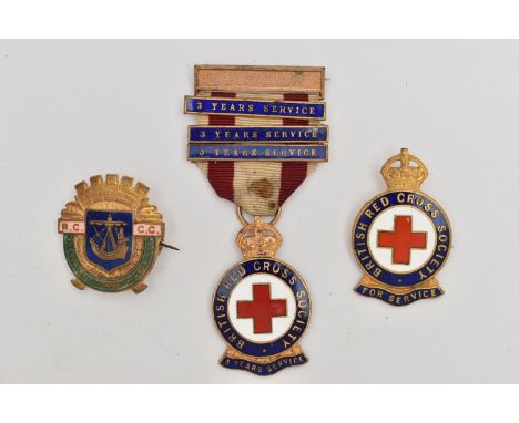 AN ENAMEL RED CROSS BROOCH AND A FOB MEDAL, the medal fitted with a ribbon, together with a 'R.C.C.C' brooch