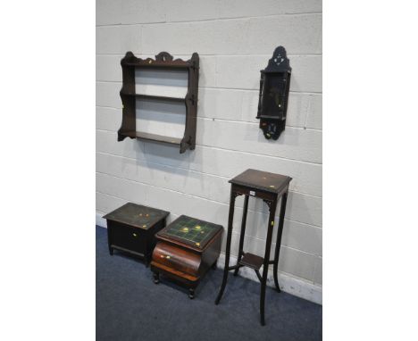 A SELECTION OF OCCASIONAL FURNITURE, to include a tall mahogany plant stand, height 98cm, an oak open bookcase, a spindled wa