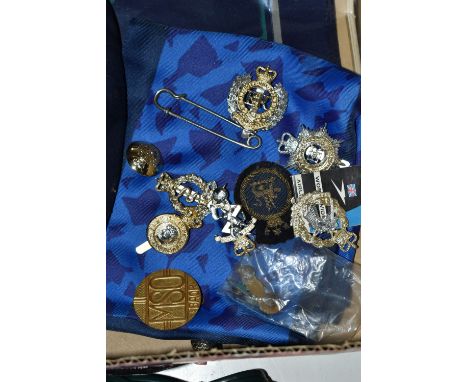 A BOX OF AIRLINE RELATED ITEMS, to include three vintage BOAC stewardess hats, a Jacqmar BOAC scarf, blue and turquoise ename