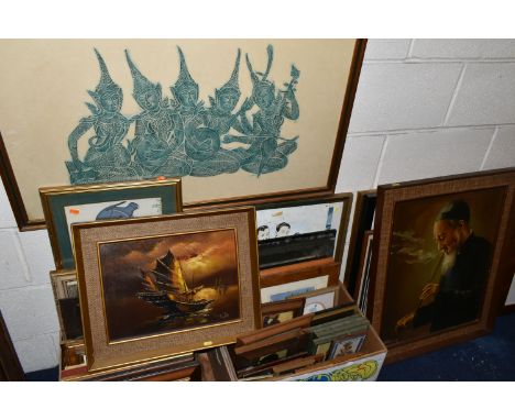 A QUANTITY OF DECORATIVE PAINTINGS, PRINTS, CARVED WOOD PANELS, ETC, IN TWO BOXES AND LOOSE, including a monochrome print tit