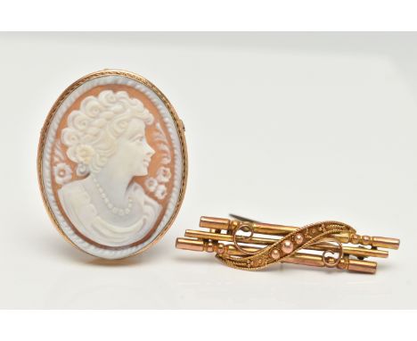 A YELLOW METAL CAMEO BROOCH AND A BAR BROOCH, oval carved shell cameo depicting a lady in profile, collet set with a fine rop