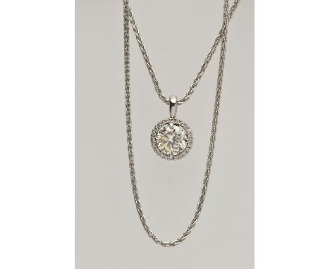 A WHITE  METAL DIAMOND PENDANT NECKLACE, the pendant four claw set with a round brilliant cut diamond, estimated diamond weig