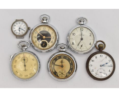 FIVE POCKET WATCHES AND A WATCH HEAD, names to include Ingersoll, Waltham, Services and West End Watch co, (condition report: