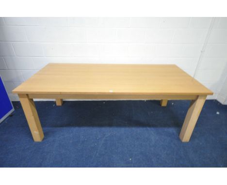 A LARGE LIGHT OAK FINISH DINING TABLE, length 211cm x depth 101cm x height 77cm (condition report: surface scratches)