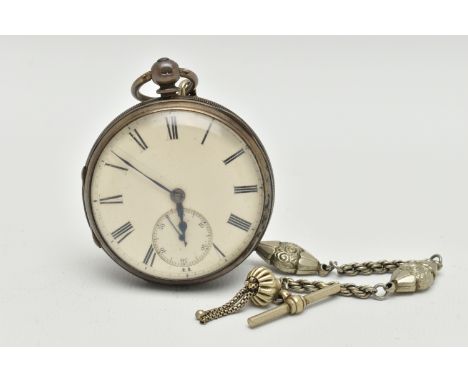 A SILVER CASED OPEN FACE POCKET WATCH, key wound movement, roman numerals, subsidiary dial at the six o'clock position, appro