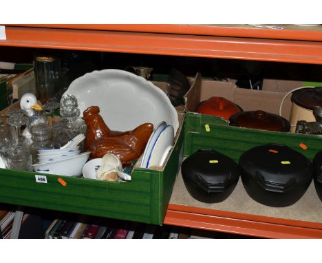 THREE BOXES OF KITCHEN WARES, GLASS AND CERAMICS ETC, two include a set if three cast iron Copco of Denmark casserole dishes,