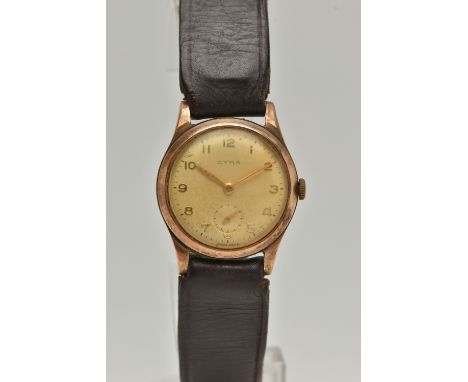 A GENTS 9CT GOLD 'CYMA' WRISTWATCH, manual wind, round silver dial signed 'Cyma', Arabic numerals, subsidiary seconds dial at